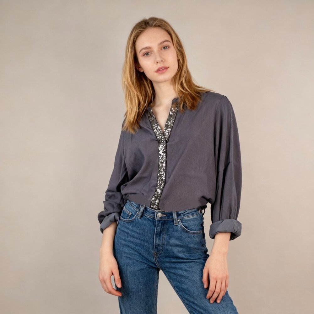 NWT Mint Velvet Sequins Pullover Top Blouse Shirt Long Sleeve US6 UK10 Grey